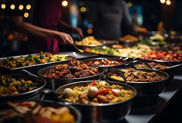 Diverse buffet spread with various hot dishes